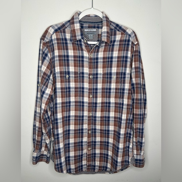 Johnston & Murphy Other - Johnston & Murphy Brushed Button Front Knit Shirt Navy Open Grid Plaid Medium